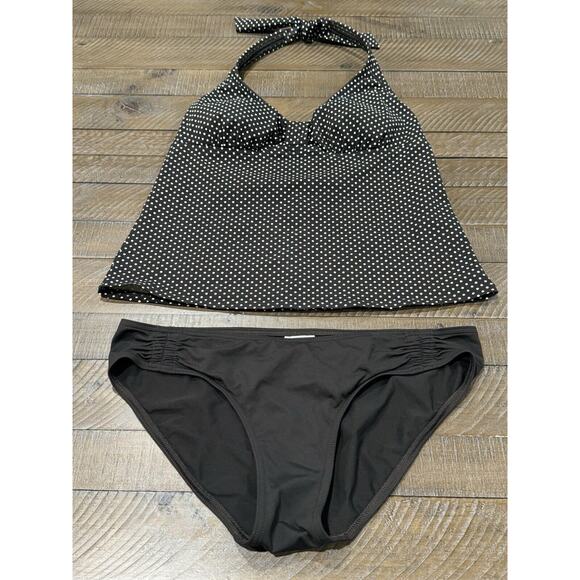 Lands End Halter Tankini Swim Suit Brown Polka Dot Tie Neck Solid Bottoms Size 8 - Picture 8 of 9